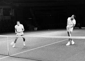 Singer Tony Bennett (left) partners tennis star Pancho Gonzales in a knock-up at