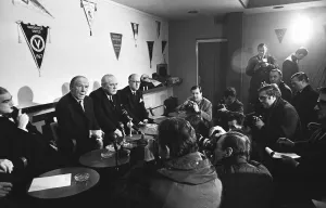 Sir Matt Busby, announces his resignation as Manager of Manchester United at press Sir Matt Busby, announces his resignation as Manager of Manchester United at press