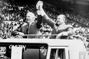 Sir Matt Busby and Bob Paisley salute the crowd at Wembley 1983 before the Charity