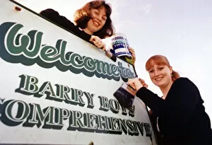 Images Dated 2nd April 1998: Sixth form pupils Anne-Marie Toms aged 17 and Hannah Wilton aged 18 paint the word Boys