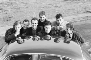 Ska group Madness pose in London whilst filming their new video. 30th January 1984 Ska group Madness pose in London whilst filming their new video. 30th January 1984