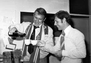 Sky Blues manager Gordon Milne and Bristol City's manager Alan Dicks celebrating Sky Blues manager Gordon Milne and Bristol City's manager Alan Dicks celebrating