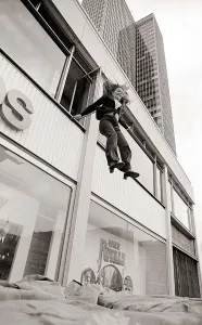 With a smile on her face stunt girl Sue Crosland plunges 30ft from a window in the Thames With a smile on her face stunt girl Sue Crosland plunges 30ft from a window in the Thames