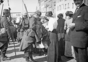 A soldier of the French 6th Army says goodbye to his wife at Le Harve before moving up to A soldier of the French 6th Army says goodbye to his wife at Le Harve before moving up to