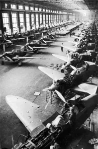 Soviet Yak fighter planes on the assembly line at a factory in Russia during the Second Soviet Yak fighter planes on the assembly line at a factory in Russia during the Second