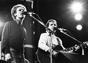 On Stage. Art Garfunkel and Paul Simon (right) at Wembley. June 1982 P009253 On Stage. Art Garfunkel and Paul Simon (right) at Wembley. June 1982 P009253