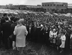 Standard Triumph workers meet outside the Speke factory, Liverpool, Merseyside Standard Triumph workers meet outside the Speke factory, Liverpool, Merseyside