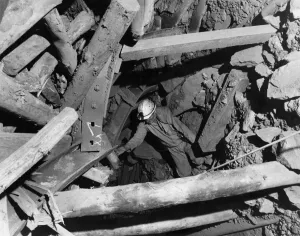The state of the mines. A roadway at Sealfield Colliery falling apart The state of the mines. A roadway at Sealfield Colliery falling apart