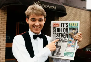 Stephen Hendry with a copy of the Daily Record. 10th February 1992 Stephen Hendry with a copy of the Daily Record. 10th February 1992