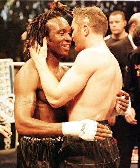 Images Dated 9th November 1996: Steve Collins celebrates after beating Nigel Benn (L) in the WBO middleweight fight in