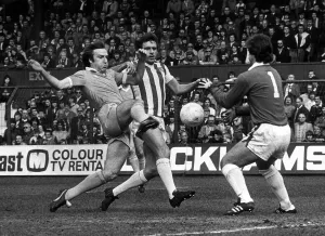 Steve Daley Stoke City v Manchester City April 1980 Stoke Keeper Peter Fox comes Steve Daley Stoke City v Manchester City April 1980 Stoke Keeper Peter Fox comes