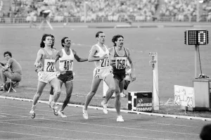 Steve Ovett competes in heats for Men's 1,500m metres event at the 1980 Summer Steve Ovett competes in heats for Men's 1,500m metres event at the 1980 Summer