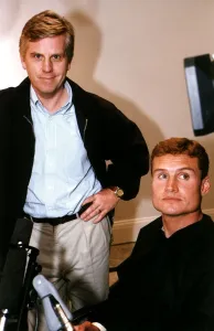 Steve Ryder TV presenter of Grandstand interviews David Coulthard the Formula one driver Steve Ryder TV presenter of Grandstand interviews David Coulthard the Formula one driver
