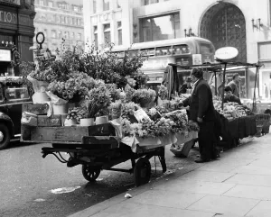 Street Traders: Flower stall at Oxford Circus station, London. May 1959 Street Traders: Flower stall at Oxford Circus station, London. May 1959