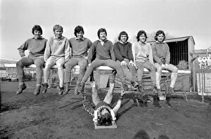 Strong man lifts some of the Bristol Rovers players. March 1975 75-01200