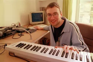 Stuart David Belle and Sebastian February 1999 member of group keyboard computer Stuart David Belle and Sebastian February 1999 member of group keyboard computer