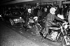 Images Dated 6th May 1975: Stuntman Evel Knievel arrives in London ahead of his jump at Wembley Stadium
