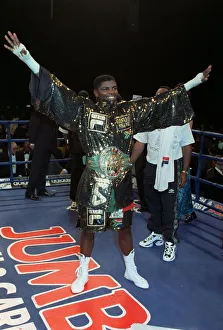 Sugar Boy Malinga Boxing December 97 In ring holding up arms after winning the Sugar Boy Malinga Boxing December 97 In ring holding up arms after winning the