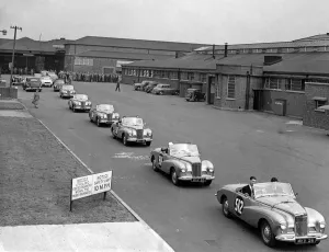 Sunbeam Talbot Alpine trial departure from Ryton factory, Coventry Sunbeam Talbot Alpine trial departure from Ryton factory, Coventry