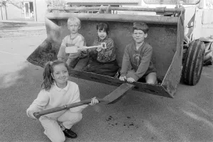 Images Dated 3rd October 1988: Taking a close interest as a JCB digger moves in to create a pond at St Aiden'