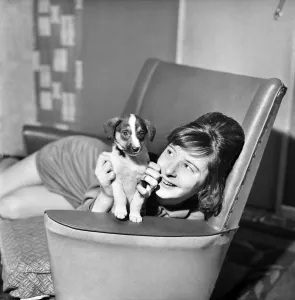 Images Dated 4th December 1970: Teenager Cathy Rowntree aged 19 and puppy 'Patches'