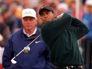 Tiger Woods at Troon for the Open Championship July 1997 Being watched by Butch Harmond Tiger Woods at Troon for the Open Championship July 1997 Being watched by Butch Harmond