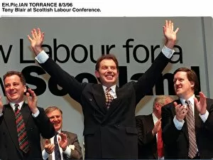 Images Dated 8th March 1996: Tony Blair arms in the air looking triumphant, receiving applause