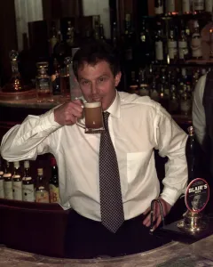 Tony Blair Labour Party leader in a pub drinking a half pint of beer named after him Tony Blair Labour Party leader in a pub drinking a half pint of beer named after him