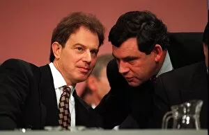 Images Dated 4th October 1995: Tony Blair MP and Labour leader is spoken to on the platform by Gordon Brown shadow