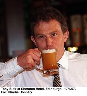 Images Dated 17th April 1997: Tony Blair at Sheraton Hotel Edinburgh sipping Blairs Brew. April 1997