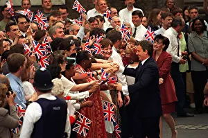 Tony & Cherie Blair shake hands with supporters May 1997 at 10 Downing Street after Tony & Cherie Blair shake hands with supporters May 1997 at 10 Downing Street after