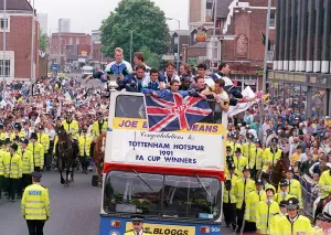 Tottenham Hotspur FA Cup Celebrations May 1991 players in an open top Bus in North London Tottenham Hotspur FA Cup Celebrations May 1991 players in an open top Bus in North London