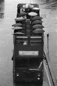 Tourists sit underneath their umbrellas on the top deck of an open top bus during a Tourists sit underneath their umbrellas on the top deck of an open top bus during a