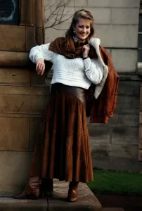 Tracy Childs wearing Long Suede Skirt with White Jumper Leather Jacket Tracy Childs wearing Long Suede Skirt with White Jumper Leather Jacket