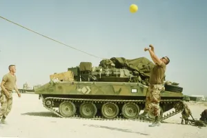 Images Dated 27th August 1990: US troops play volley ball to pass the time during the build up of force before the start