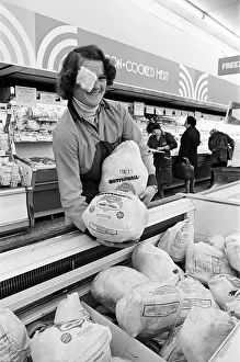 Turkeys fall on girl in a supermarket, Teesside. 1977 Turkeys fall on girl in a supermarket, Teesside. 1977