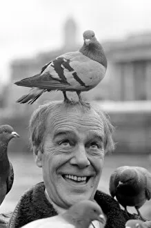 Images Dated 22nd January 1975: Unusual / Humour / Animals / Birds: Max Wall. Man with pigeons on head