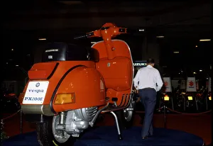 A Vespa Scooter at the 1983 Earl's Court Motorcycle Show. 19th August 1983 A Vespa Scooter at the 1983 Earl's Court Motorcycle Show. 19th August 1983