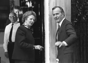 US Vice-President George Bush and British Prime Minister Margaret Thatcher going into US Vice-President George Bush and British Prime Minister Margaret Thatcher going into