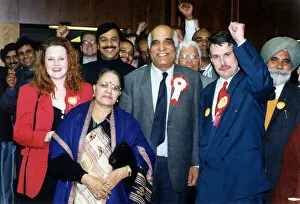 Images Dated 6th May 1993: Victorious Labour Party candidates Parshotam Joshi and George Duggins celebrate their