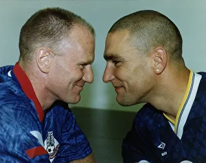 Images Dated 20th August 1991: Vinnie Jones right Chelsea FC Footballer with fellow footballer Andy Ritchie Oldham FC