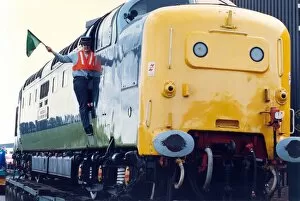 Images Dated 27th April 1994: Volunteer Rosemary Smith welcomes the Deltic diesel locomotive to the Stephenson Rail