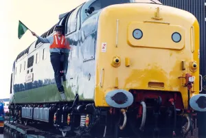Volunteer Rosemary Smith welcomes the Deltic diesel locomotive to the Stephenson Rail Volunteer Rosemary Smith welcomes the Deltic diesel locomotive to the Stephenson Rail