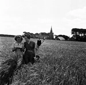 00573 Gallery: Walking through the barley field at Bigbury, South Devon Choirgirls Hannah (left