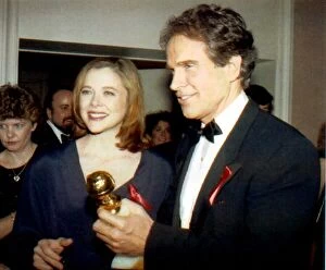 Warren Beatty Actor at the Beverly Hilton displays his Golden Globe Award with his wife