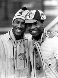 Images Dated 9th April 1987: Watford and England duo John Barnes and Luther Blissett pose wearing club hats