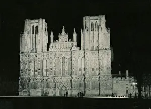 00154 Gallery: Wells Cathedral Somerset photographed from between two trees 19 century Gothic