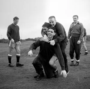 Winding up their training at Blackpool today Manchester United players enter into a show Winding up their training at Blackpool today Manchester United players enter into a show