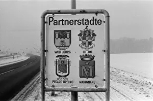 The Wolfsburg town sign, showing the city is twinned with Luton. 22nd January 1982 The Wolfsburg town sign, showing the city is twinned with Luton. 22nd January 1982