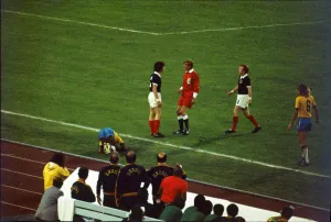 World Cup 1974 Scotland v Brazil Referee Van Gemert has a word World Cup 1974 Scotland v Brazil Referee Van Gemert has a word